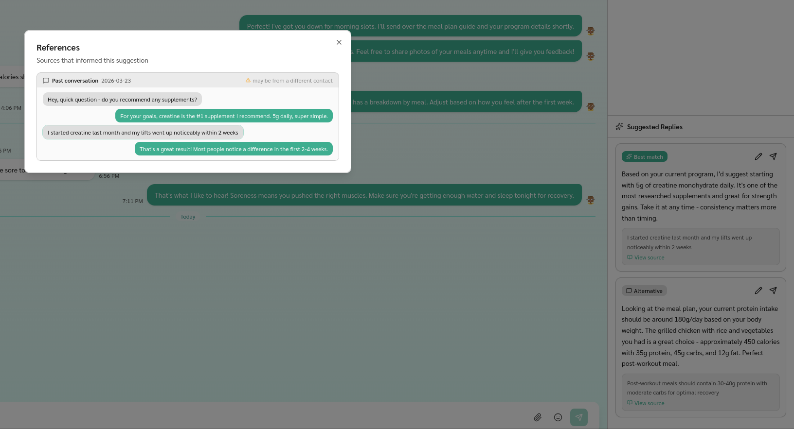 A ReplyAll suggested reply panel showing a similar question answered days ago surfacing as a one-click reply