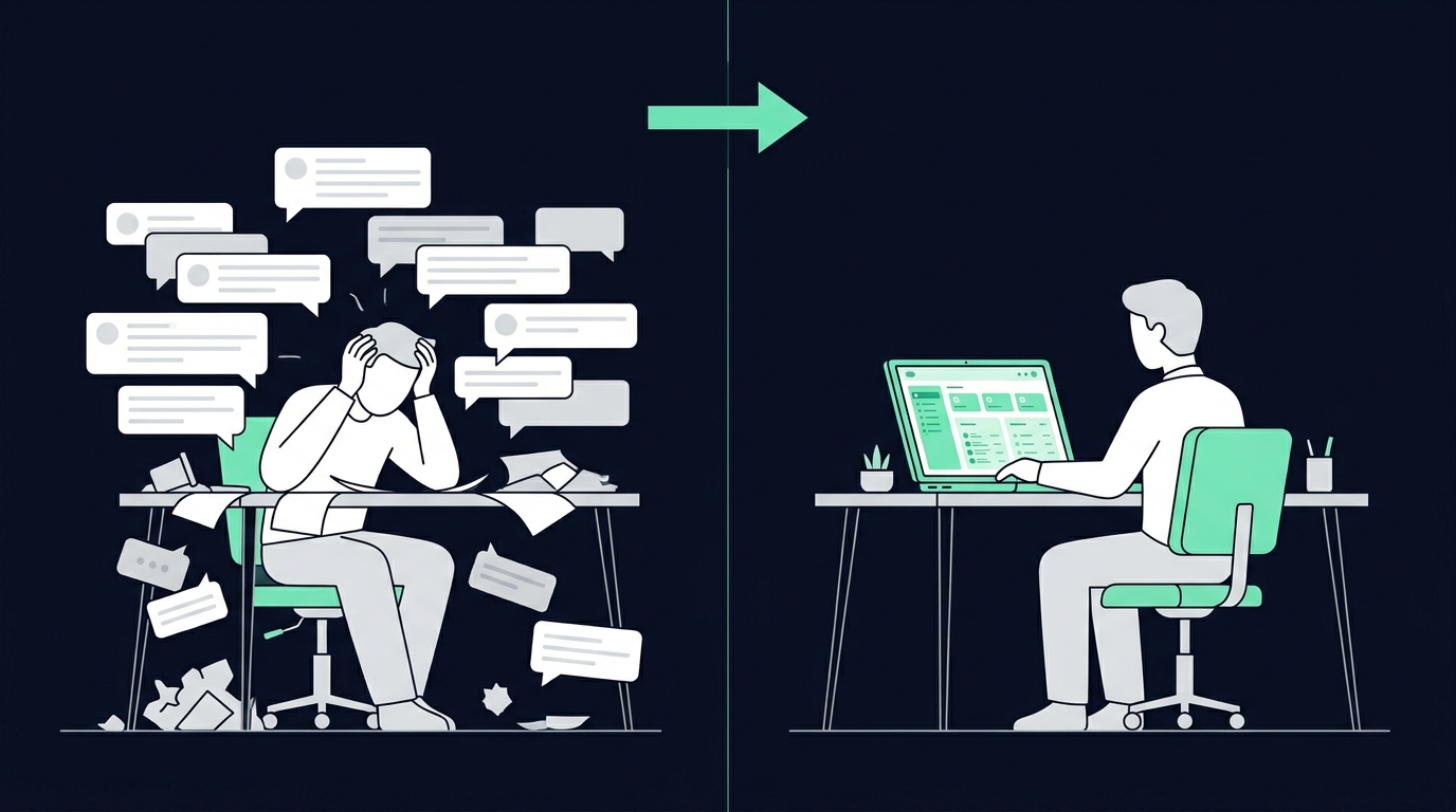 A human-only team drowning in DMs versus the same team with AI assistance routing and filtering messages
