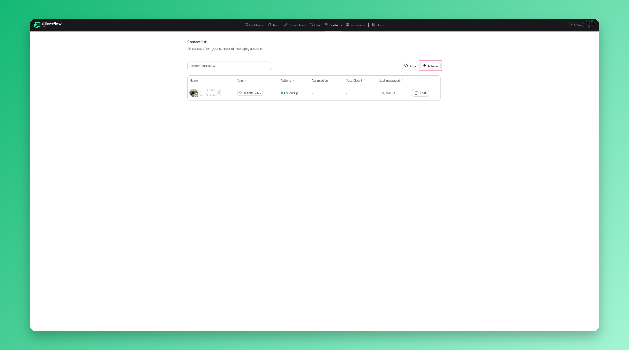 Actions button on contacts page