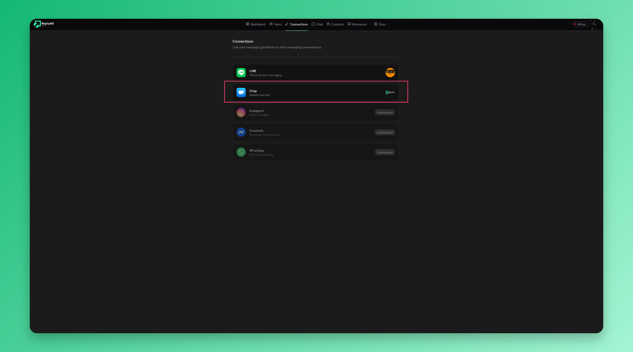Connections page for Crisp