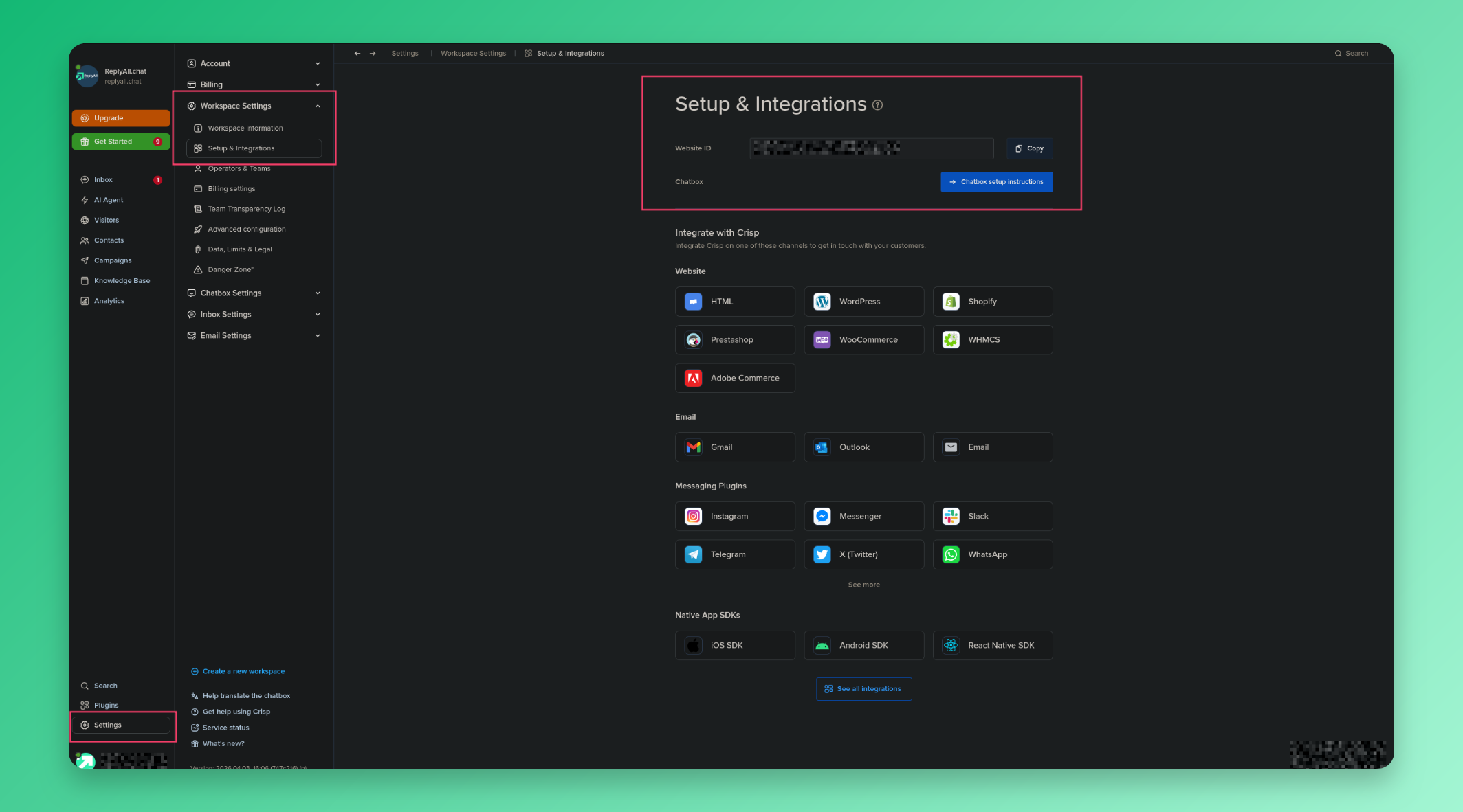 Copy website id from crisp
