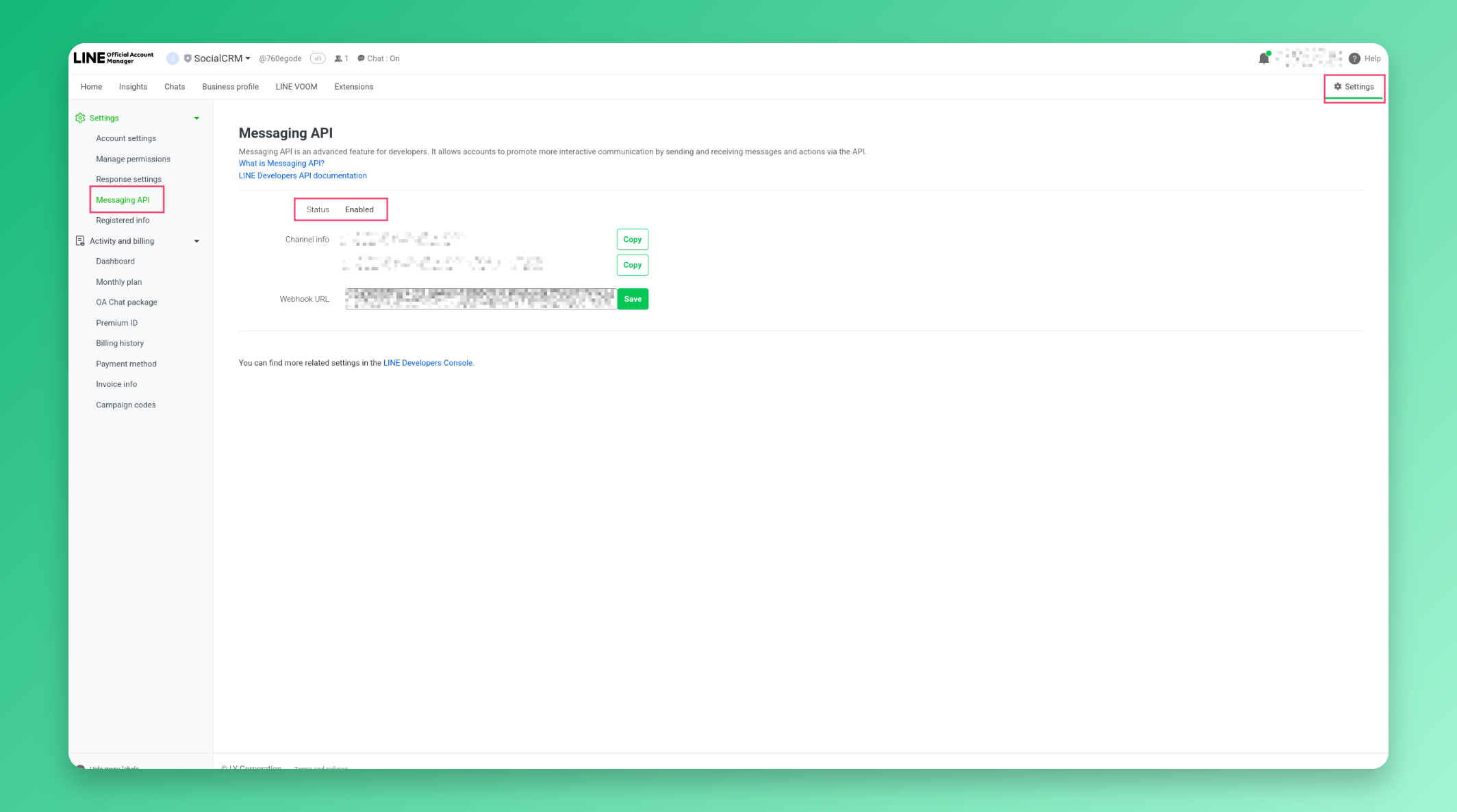 Enable Messaging API in LINE Official Account Manager