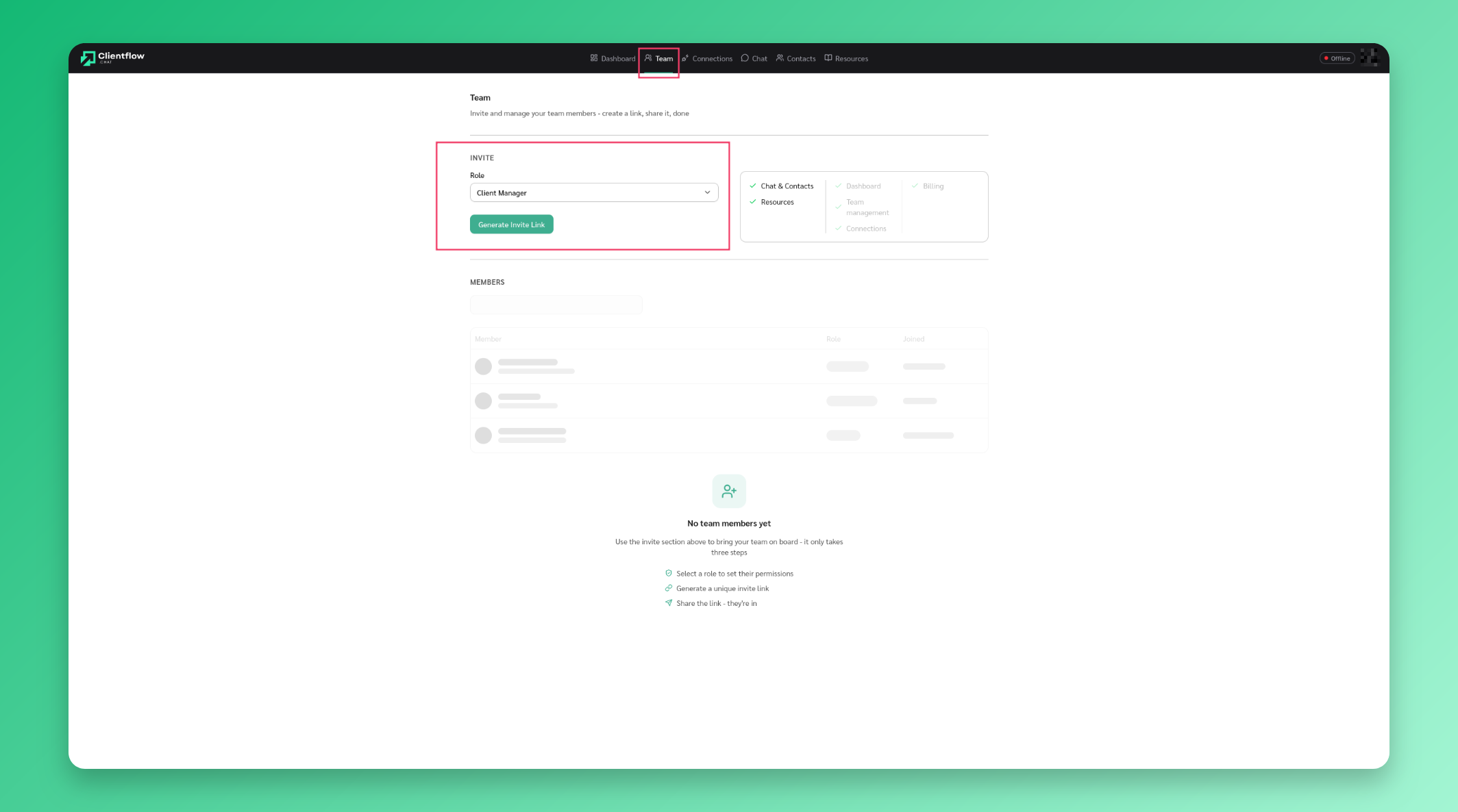 Select role and generate invite link